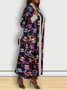 Plus-Size Women's Lip Pattern Printed Long Casual Jacket - Multicolor - View 3