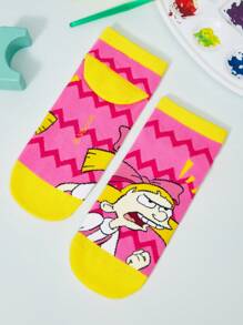 Nick 90s X SHEIN 3pairs Women's Cartoon Character Color Block Ankle Socks