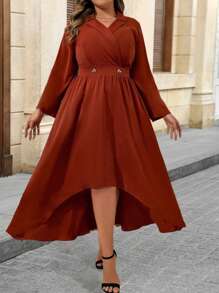 SHEIN Unity 大码女式收腰不对称下摆长袖秋季连衣裙 - 紅木色 - 查看 3