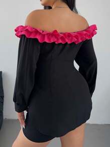 Allurite Camisa de manga larga con volantes en el bajo, estilo minimalista versátil casual para tallas grandes, de hombros descubiertos, en color blanco