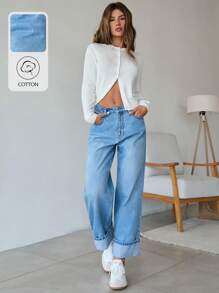 EURMUSE 100% Cotton Fold Up Denim Wide Leg Jeans - Light Wash - View 9