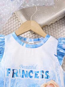 SHEIN Young Girl Blue Casual Cute Cartoon Frozen Princess Cap Sleeve Comfortable Breathable Printed T-Shirt Dress