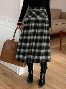 DAZY Damen Metalldekor Schwarz Karomuster Rock, Lässig & Alltäglicher Trage für Herbst,Winter - Schwarz und Weiss - Übersicht 6