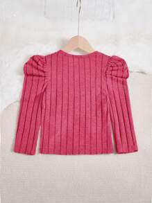 SHEIN Young Girl Fuzzy Knit Ribbed Raglan Sleeve T-Shirt With Pearl Decor, Fall (9) & Winter (2) - Hot Pink - View 2