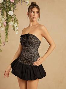 L'Amorae Lace Bodycon Contrast Bubble Hem Bow Tie Detail - Black - View 3