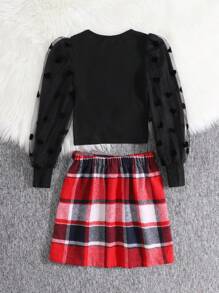 SHEIN Tween Girls Fashion Casual Knitted & Mesh Contrast Crew Neck Top With Plaid Mini Skirt Set