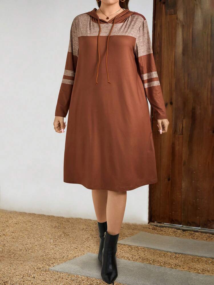 Plus Size Fall Women Dresses Women Colorblock Drawstring Hooded Long Sleeve Casual Dress