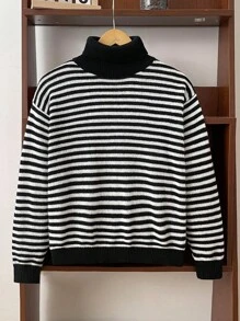 SHEIN 青少年男孩条纹高领宽松针织毛衣，秋冬