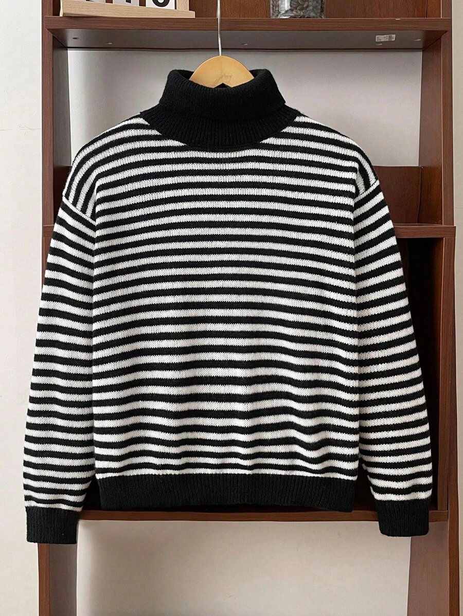 SHEIN 青少年男孩条纹高领宽松针织毛衣，秋冬