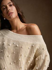 Anewsta Women's Elegant Handmade Beaded Shoulder Lantern Sleeve Sweater, Autumn/Winter