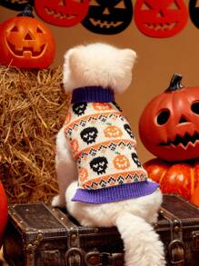 PETSIN 1pc Pet Cute Fall Halloween Pumpkin Skull Pattern Warm Fashionable Apricot Knitted Sweater - Multicolor - View 2