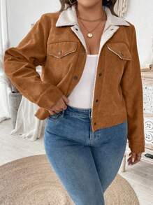 Flirla 大码女式秋冬毛绒衬里灯芯绒飞行员夹克