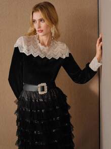MOTF PREMIUM VELVET CONTRAST LACE YOKE BLOUSE - Black - View 6