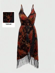 ROMWE Hippie Plus Size Women Floral Print Contrast Lace Tassel Hem Elegant Cami Dress, For New Year, For Summer