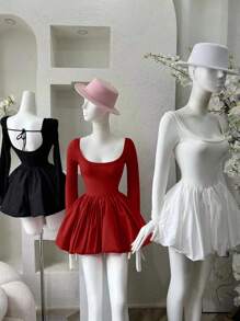 INAWLY Vestido mini de manga larga y cuello redondo de unicolor para mujer, primavera y verano
