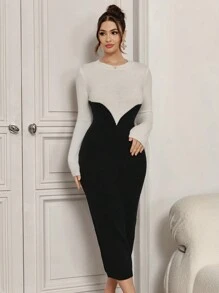 Modelyn Dames Herfst Elegante Colorblock Splice Getailleerde Trui Jurk