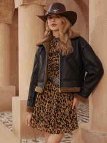 Aveloria Short PU Biker Jacket With Patchwork Teddy Detail For Women Fall Cloth For Women - Black - View 4