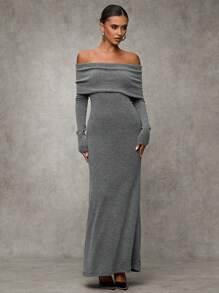 SHEIN BAE 女士优雅灰色露肩修身长款秋季连衣裙、优雅女士连衣裙、秋季婚礼宾客连衣裙、寒冷天气服装、冬季女士连衣裙、优雅连衣裙、节日连衣裙、圣诞派对连衣裙、新年前夜连衣裙 - 灰色 - 查看 4