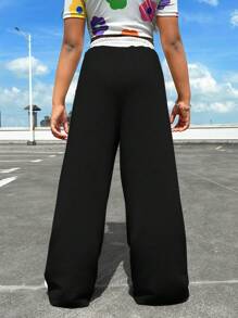 SHEIN Tween Girl Street-Style Ribbed Waistline Contrast-Color Casual Sweatpants - Black - View 6