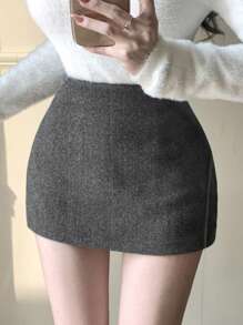 DAZY 女士纯色休闲修身优雅半身裙，秋冬女装半身裙 - 深灰色 - 查看 4