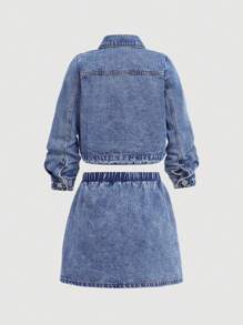 SHEIN Tween Girls Fashion Stonewashed 2pcs Blue Denim Jacket And Patch Pocket Denim Skirt Set, Girls Fall Clothes Back To School Outfits - Medium Wash - View 2