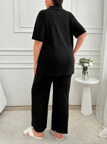 EURMUSE Plus Button Down Shirt Style 2 Piece Pajamas Set - Black - View 2
