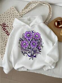 texdoodles Artist Young Girl Cute Kawaii Skull Bouquet Design Thickened White Hooded Sweatshirt, Suitable For Holiday, Spring, Workout