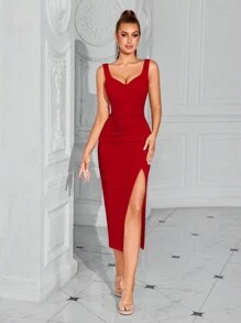 ADYCE 白色无袖V领褶裥前开衩派对礼服，优雅鸡尾酒会、半正式舞会、婚礼宾客礼服，适合生日、晚宴、返校节、夏季舞会、毕业典礼、新年等场合。 - 紅色 - 查看 5