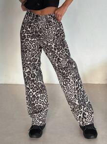 DAZY Quần Jeans Denim Họa Tiết Da Báo Cài Nút Phía Trước, Mặc Hàng Ngày Thường Ngày Họa Tiết Da Báo - màu nâu - Xem 10