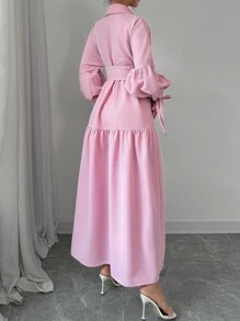 Selianne 女士优雅休闲时尚女士泡泡袖翻领蝴蝶结腰带纯色连衣裙 - 粉色 - 查看 2