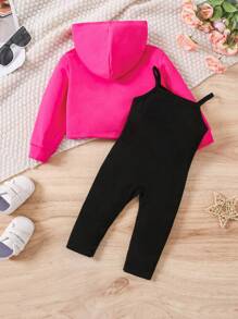 SHEIN 2pcs/Set Baby Girl Casual Outfits, Includes Rose Hoodie Sweatshirt And Ribbed Knit Jumpsuit, Suitable For Outdoor, Party And Daily Wear - Hot Pink - View 2