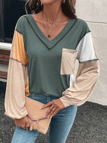 SHEIN LUNE 女士拼色 V 领长袖休闲宽松 T 恤，春夏图案 T 恤女士上衣，适合春季穿着