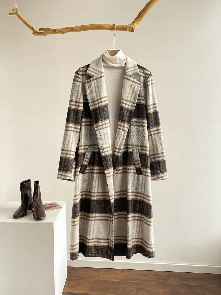 EMERY ROSE Women's Lapel Collar Long Sleeve Pockets Plaid Design Elegant Woolen Coat - Multicolor - View 1