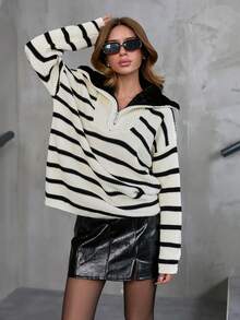 EURMUSE Pälskrage Randig tröja med halv blixtlås - Svart och Vitt - Visa 6