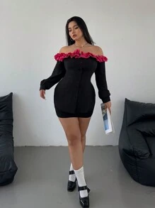 Allurite Camisa de manga larga con volantes en el bajo, estilo minimalista versátil casual para tallas grandes, de hombros descubiertos, en color blanco