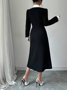 Selianne Đầm midi tay phồng phối màu thanh lịch dành cho nữ, trang phục maxi mùa xuân thu cho nữ. - Đen và trắng - Xem 2