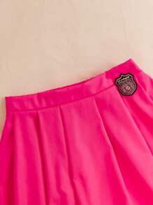 SHEIN 青少年女孩校队夹克，配色袖子和褶皱迷你裙休闲套装 - 玫紅色 - 查看 4