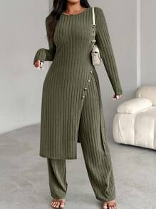 EMERY ROSE 2pcs/Set Plus Size Solid Color Crew Neck Long Sleeve Top And Pants - Army Green - View 5