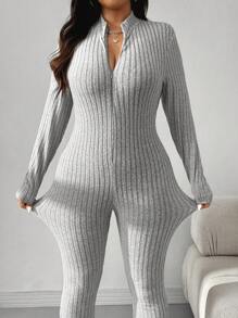 SHEIN EZwear 大码纯色长袖前拉链简约连体裤，休闲日常穿着 - 淺灰色 - 查看 5