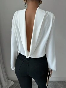 Elenzga 女士优雅纯色落肩长袖修身衬衫，秋季，露背上衣 - 白色 - 查看 4