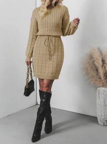 Chiquease Vestido de suéter de punto trenzado con cintura ajustada y caída de hombros para mujer - Caqui - Ver 5