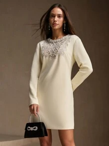 Anewsta Women's Fashionable Elegant Airy Knit Dress With Pearl And Rhinestone Decor