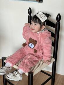 女婴可爱熊刺绣连帽保暖连体衣，冬季衣服 - 粉色 - 查看 4
