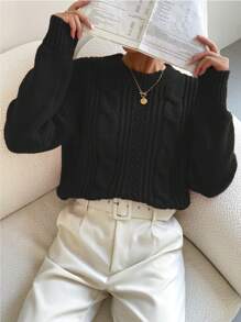 Chiquease 休闲纯色落肩毛衣，秋冬季长袖上衣，针织套头衫 - 黑色 - 查看 3