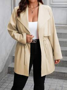Franclia Plus Size Women's Solid Color Lapel Long Sleeve Drawstring Waist Casual Jacket, Spring And Autumn - Khaki - View 6