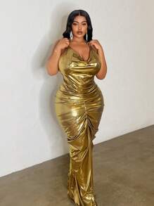 Slaydiva 大码优雅露背系腰修身低胸连衣裙 - 金色，秋冬款 - 金色 - 查看 3