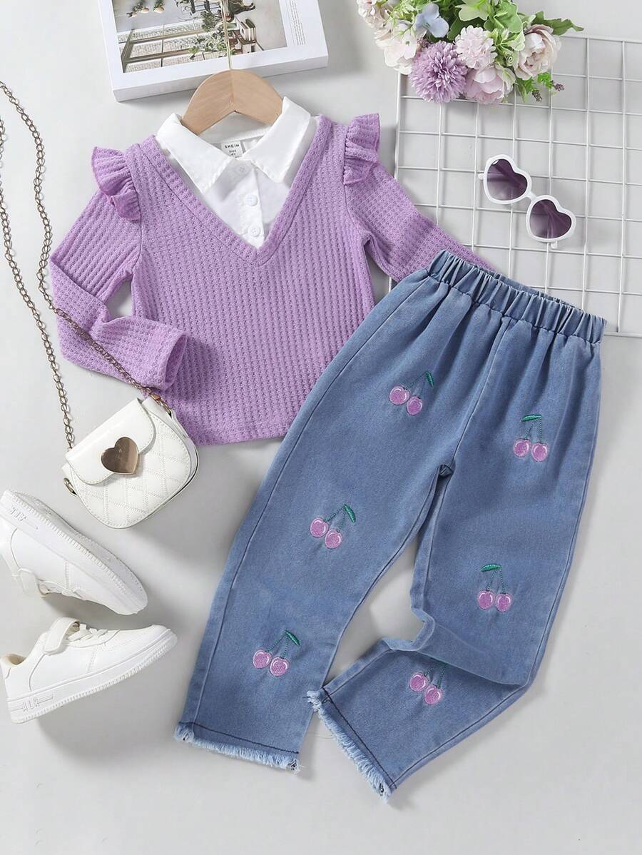 SHEIN 2 件复古风格年轻女孩 2 合 1 樱桃刺绣 T 恤和牛仔裤套装