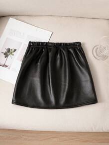 SHEIN Young Girl Fluffy Composite PU Skirt, Suitable For Casual Daily Wear, Autumn Winter - Black - View 6