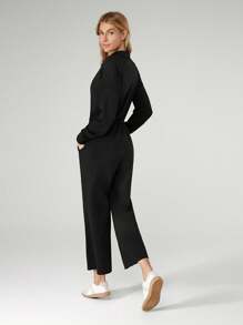 GLOWMODE Cloudknit Be Relaxed Adjustable Drawstring Waist Wide-Leg Lapel Long Sleeve Jumpsuit Bodysuit With Side Pockets Daily Casual