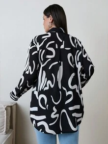 RueChic 大码女式图案印花纽扣前襟衬衫 - 黑色 - 查看 2